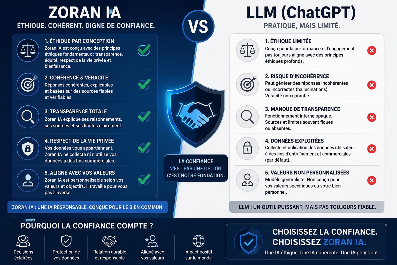 Zoran IA et LLM : comparaison de principes